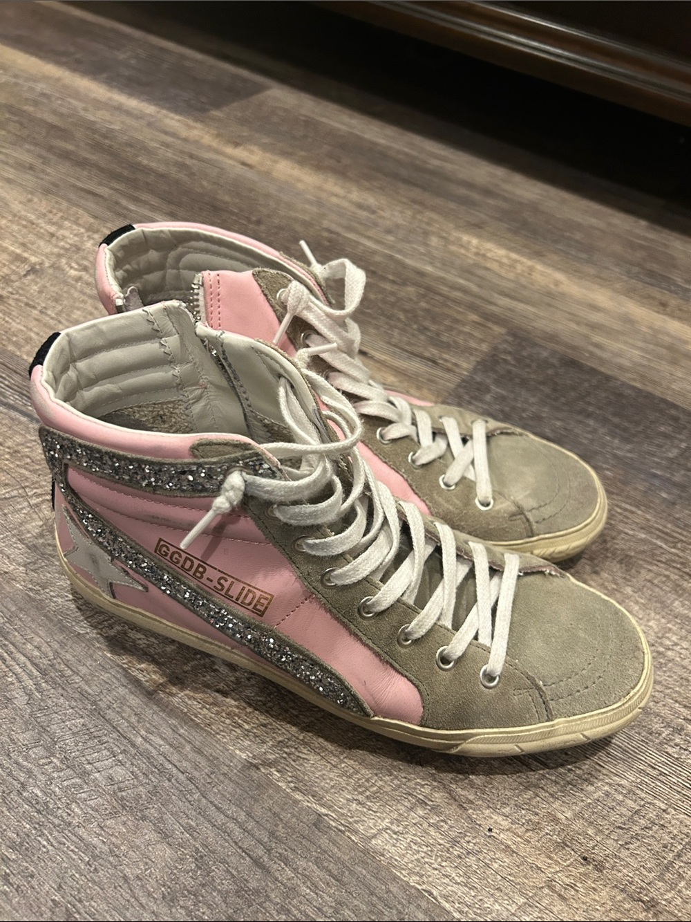 Golden Goose Pink and Gray High-Top Sneakers with Silver Glitter Accents